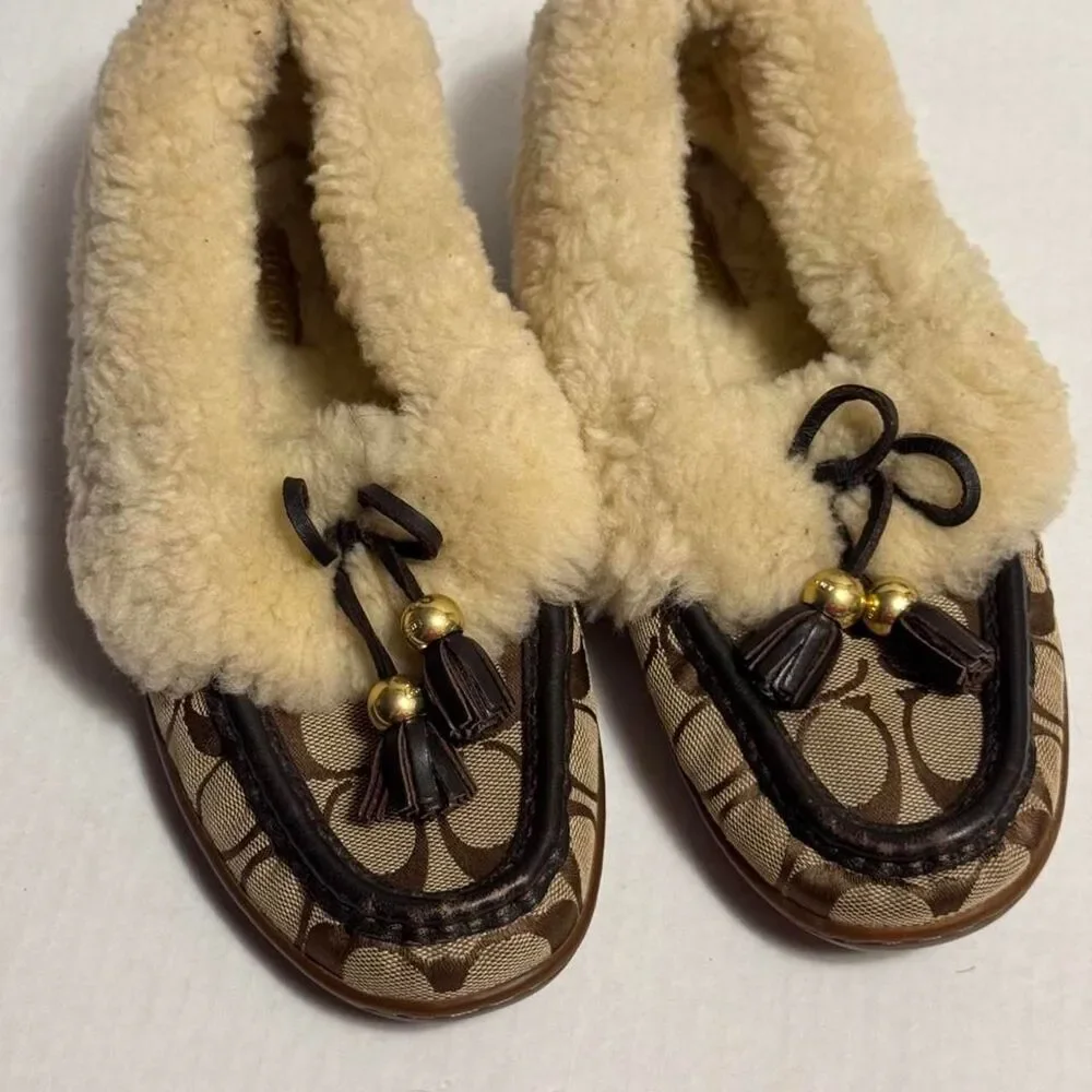 Coach Fiona Women's Brown and Tan Slippers with Monogram Sheepskin size 7,5